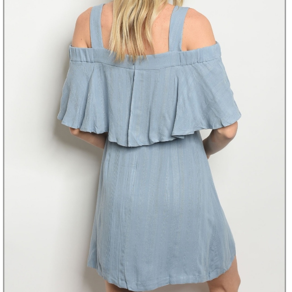 1 LEFT SZ S! Denim Blue Cold Shoulder Linen Dress - Picture 2 of 2